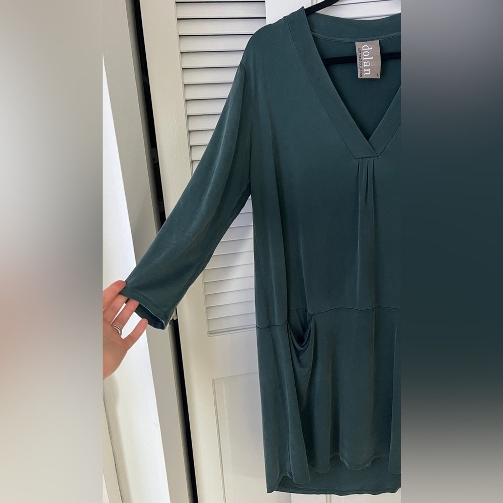 Anthropologie Dolan Left Coast Tegan Green Cupro Tunic Dress V Neck Sz L - Picture 5 of 8